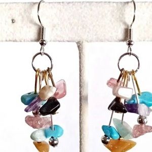 💙HANDMADE Precious Gems! Multi Color Blue Brown Black Pink. 2” Dangly Earrings.